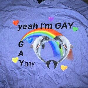 hot topic Purple gay Graphic Tee with Rainbow and Dolphins